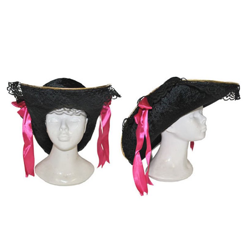 Chapeau tricorne noir avec dentelles et rubans rose