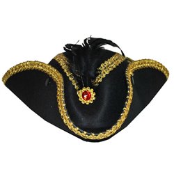 Chapeau Tricorne Noir avec Bordure Galon Doré et Fausse Pierre