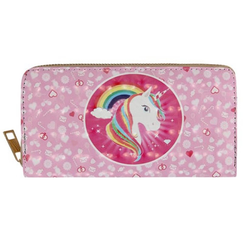 Portefeuille rose motif licorne rainbow.