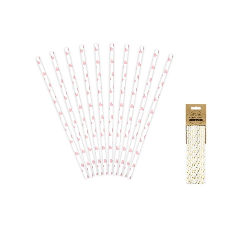 lot de 10 pailles carton blanc avec coeurs rose 19.5cm