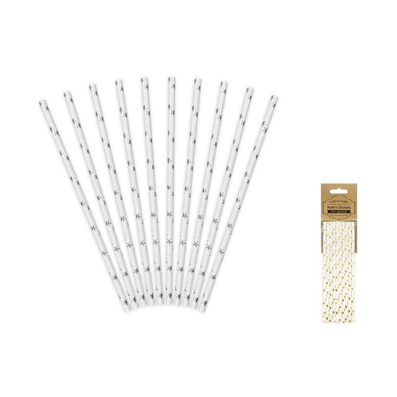 lot de 10 pailles carton blanc avec étoiles argent 19.5cm