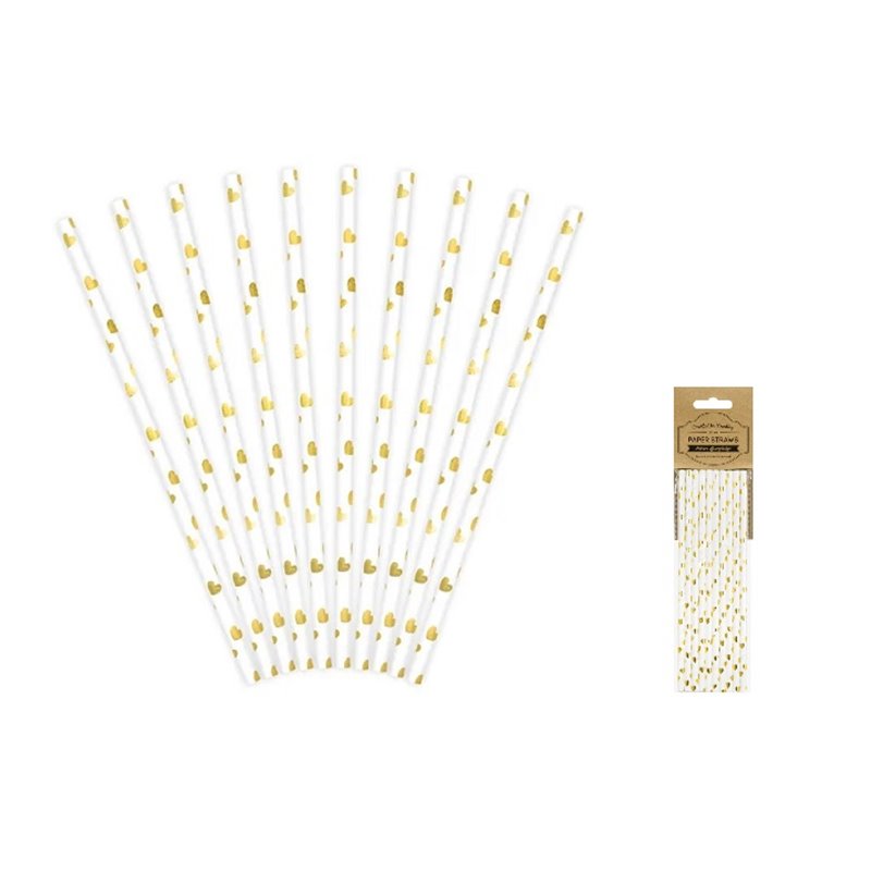 lot de 10 pailles carton blanc avec coeurs or 19.5cm