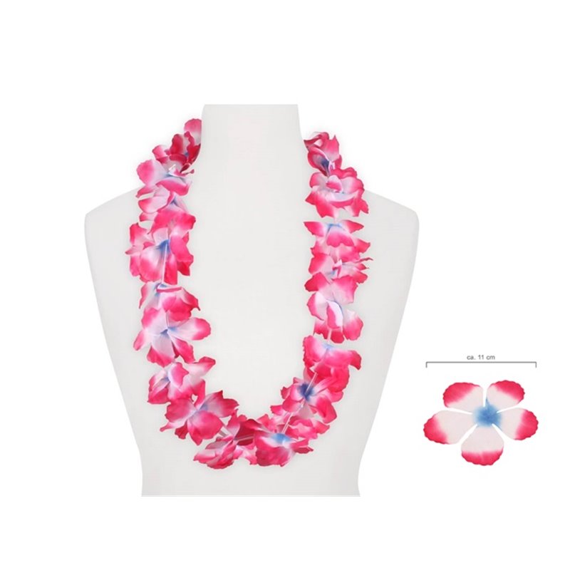 collier de fleurs épais tahiti bleu blanc rose 110mm