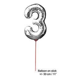 ballon chiffre "3" en aluminium avec bâton 30cm