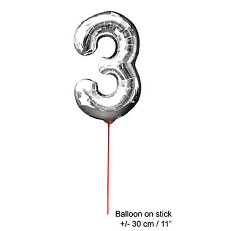 ballon chiffre "3" en aluminium avec bâton 30cm