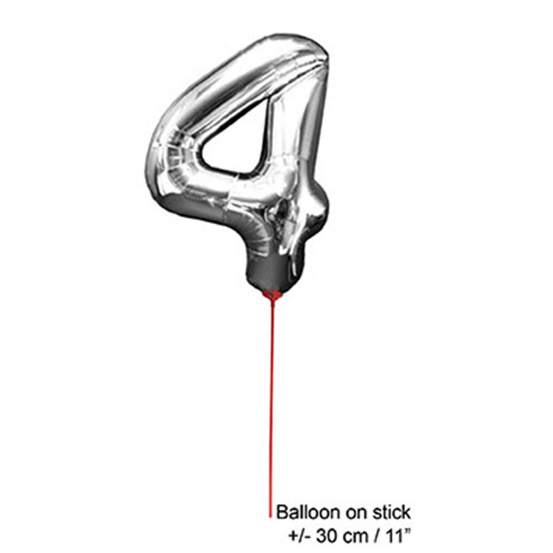 ballon chiffre "4" en aluminium avec bâton 30cm