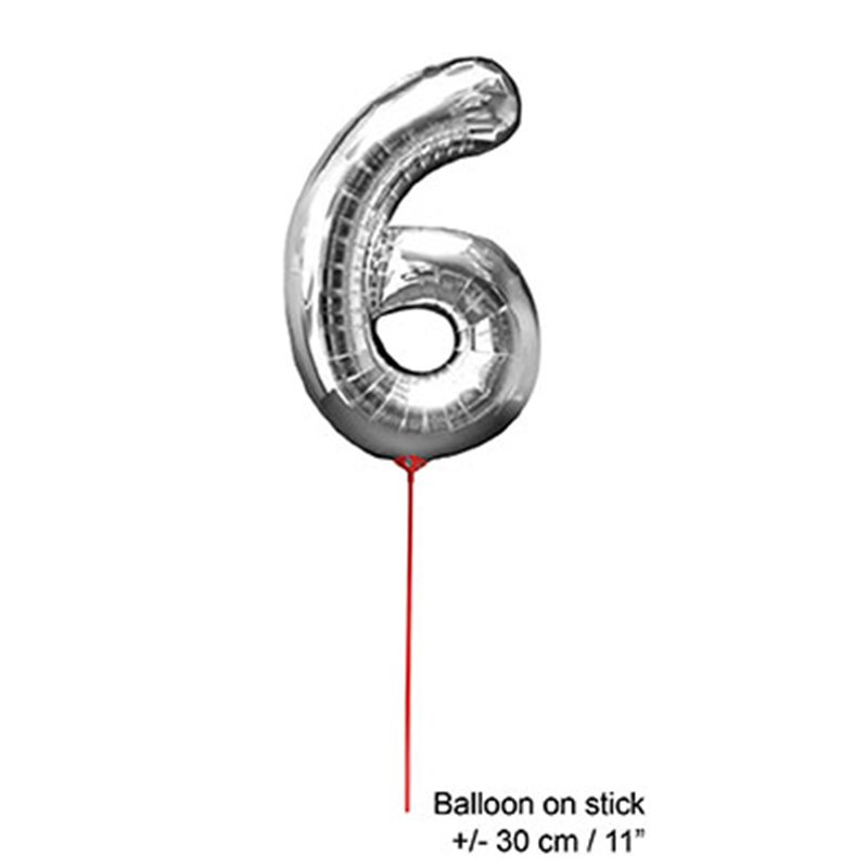 ballon chiffre "6" en aluminium avec bâton 30cm