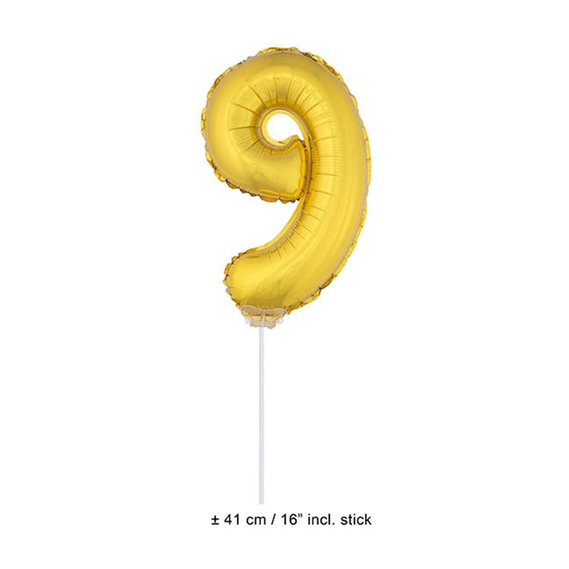 ballon chiffre "9" en aluminium avec bâton or 40cm