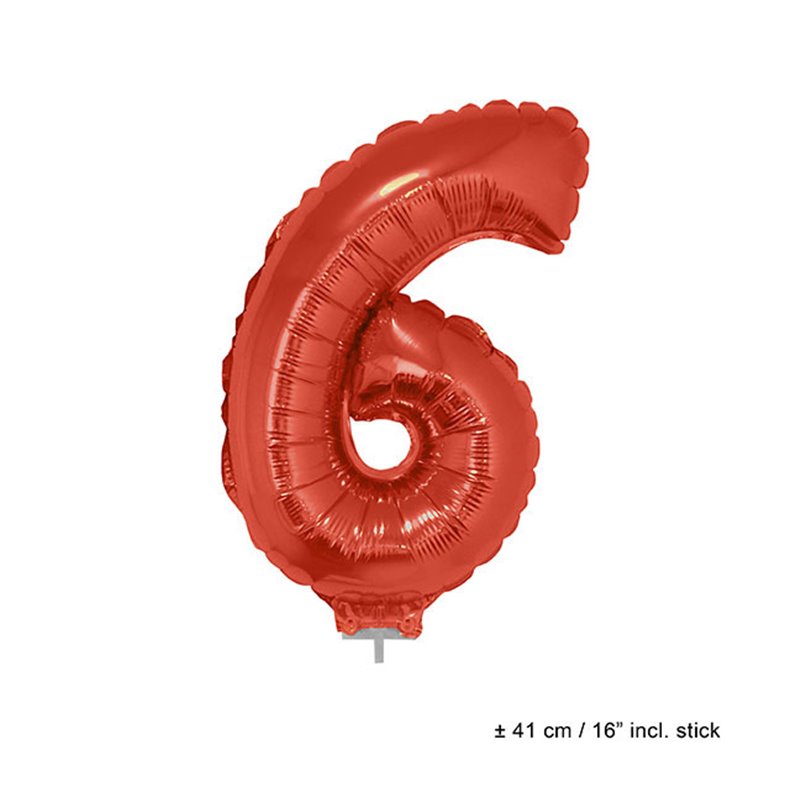 ballon chiffre "6" en aluminium avec bâton rouge 40cm