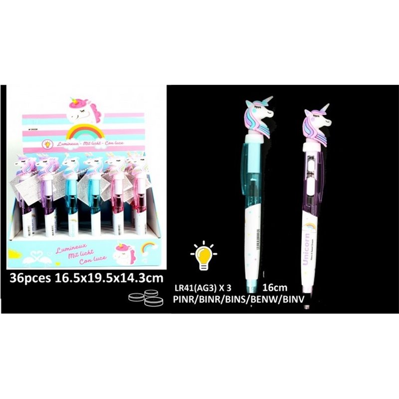 stylo bille licorne lumineux led mix 16cm