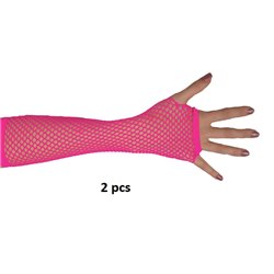 paire de mitaines filet longues fluo néon rose 25cm