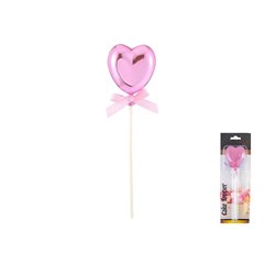 topper coeur métallisé avec ruban rose sur pique 21cm