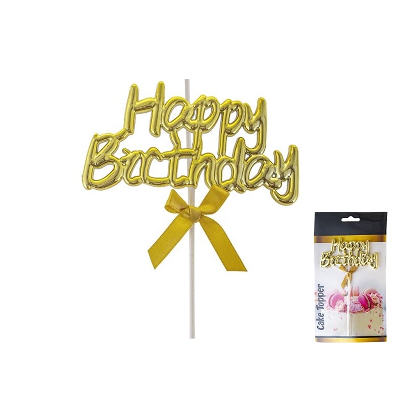 topper "happy birthday" métallisé avec ruban or sur pique 20cm