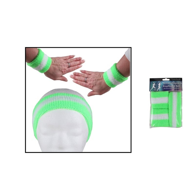 set bandeau et bracelets éponge néon vert & blanc 3pcs