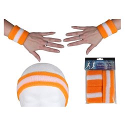 set bandeau et bracelets éponge néon orange & blanc 3pcs