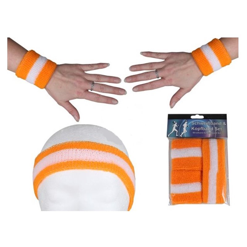 set bandeau et bracelets éponge néon orange & blanc 3pcs