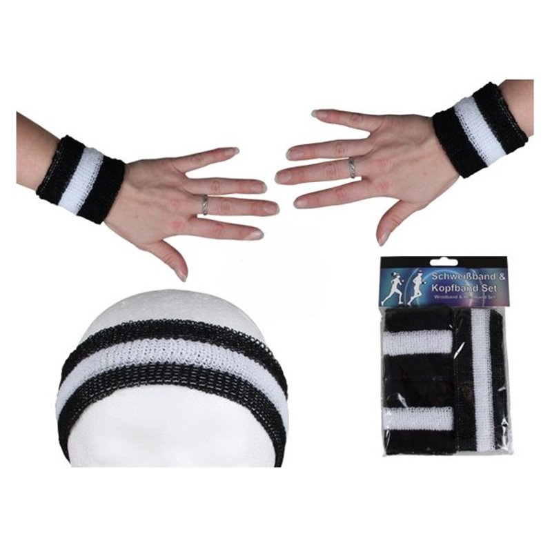 set bandeau et bracelets éponge noir & blanc 3pcs