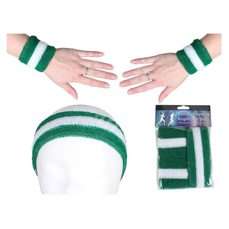 set bandeau et bracelets éponge vert fonçé & blanc 3pcs