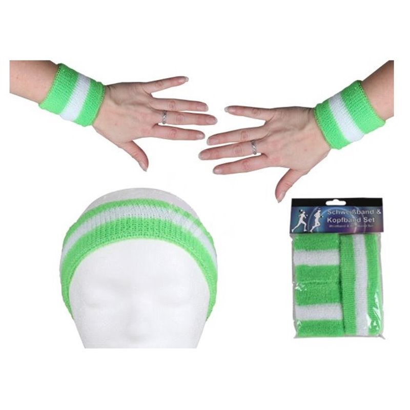 set bandeau et bracelets éponge vert & blanc 3pcs