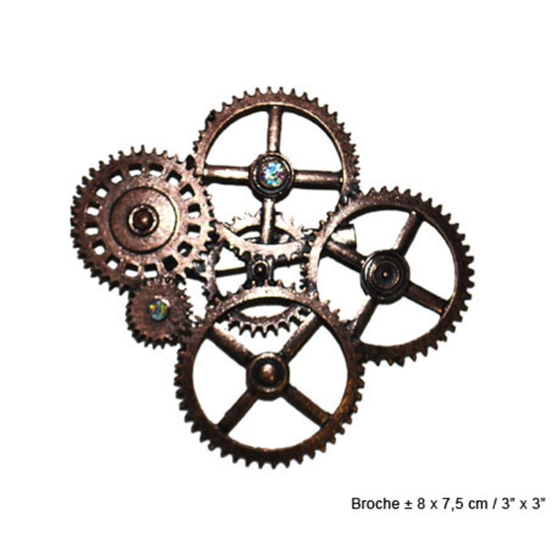 broche métal steampunk motifs engrenages 8x7cm