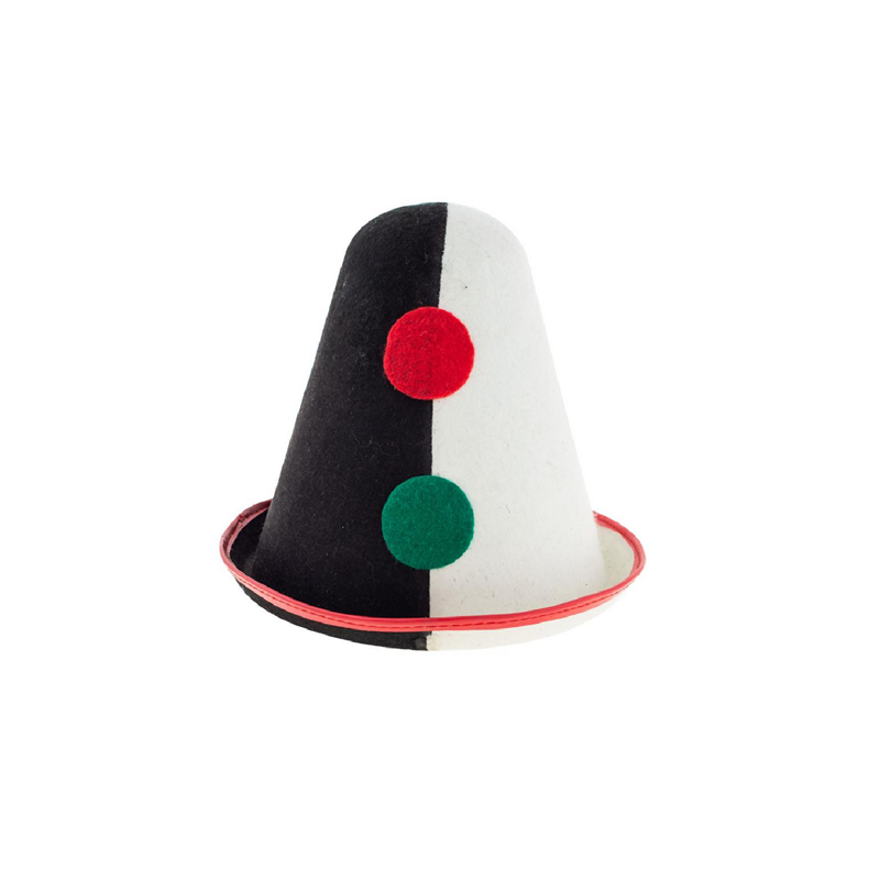 chapeau de clown pierrot avec pompons rouge & vert