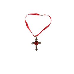 collier ruban rouge avec croix et fausse pierre 14cm