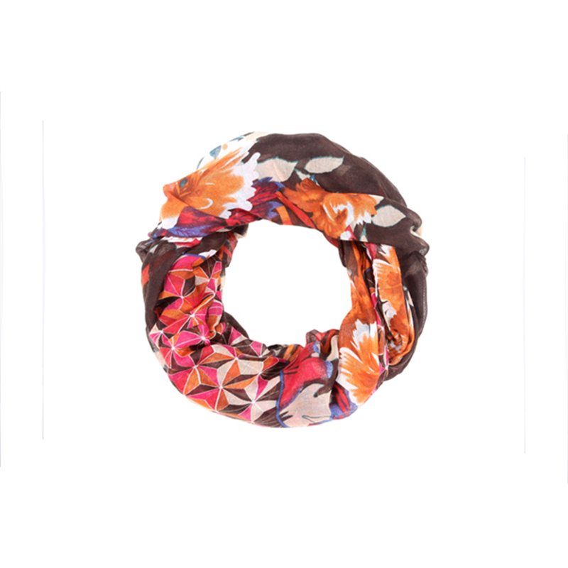 foulard tube motif fleurs brun/orange/rose