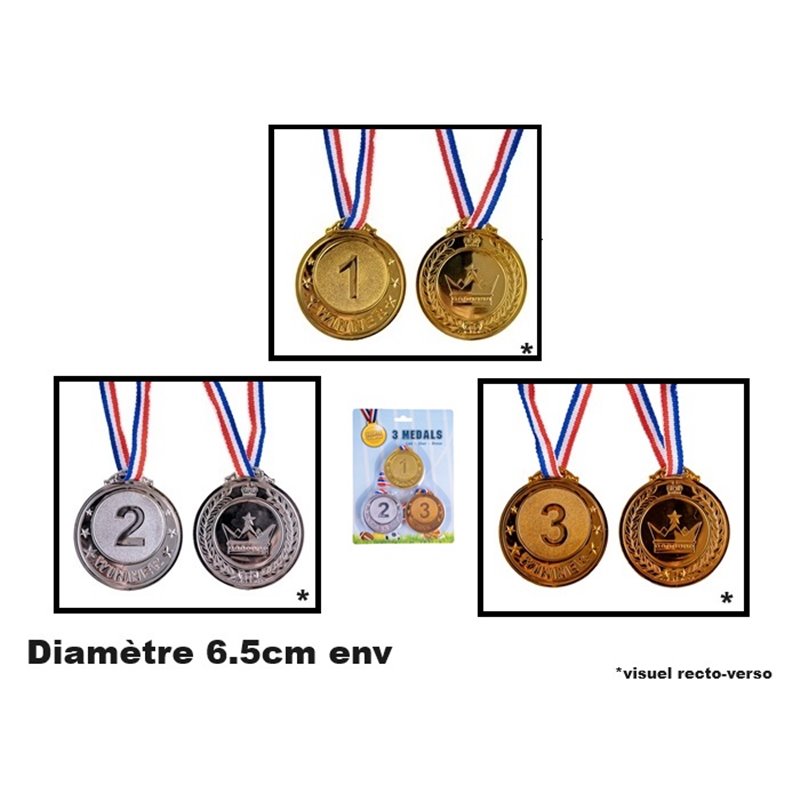 lot de 3 médailles or argent et bronze avec ruban 6.5cm