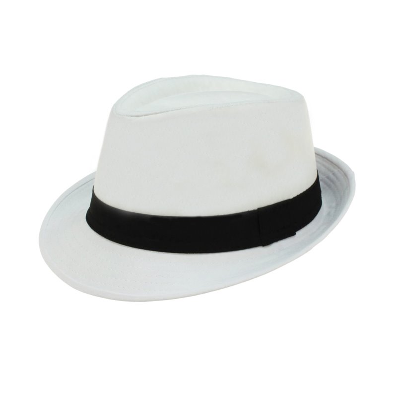 chapeau fedora tissu blanc avec ruban noir