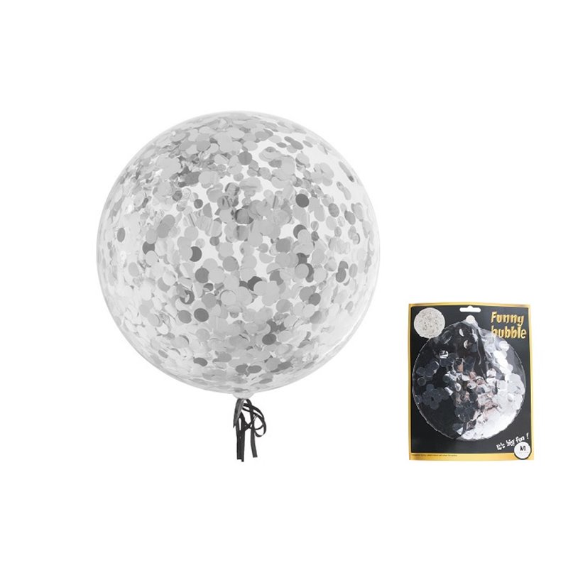 ballon rond transparent avec confettis argent 45cm