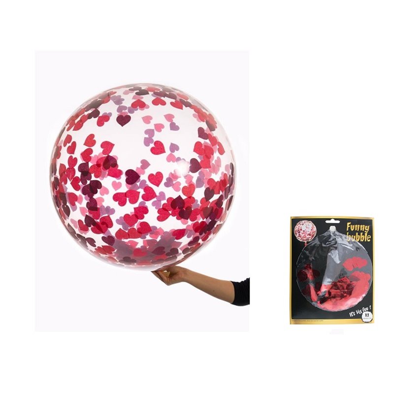 ballon rond transparent avec confettis coeur rouge 45cm