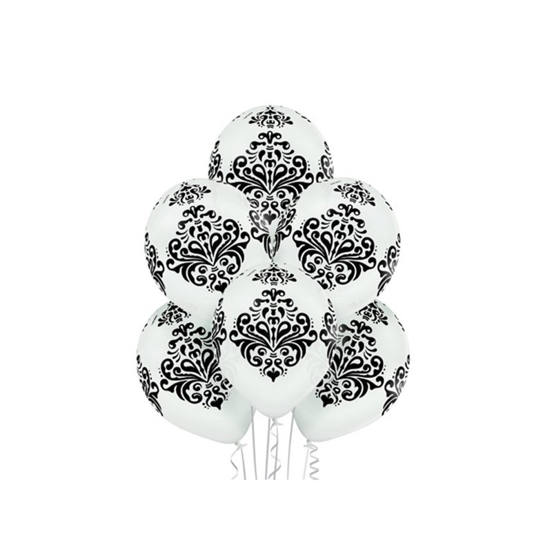 lot de 6 ballons de fête blanc motif damas noir 30cm