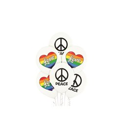 lot de 6 ballons de fête blanc motifs peace & love mix