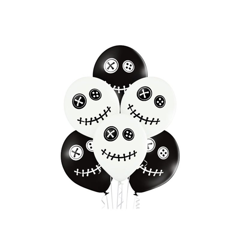 lot de 6 ballons de fête motifs poupées voodoo noir blanc mix