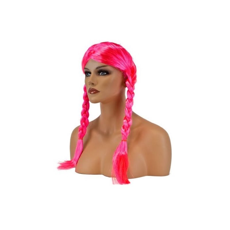 perruque cheveux longs avec couettes fluo rose