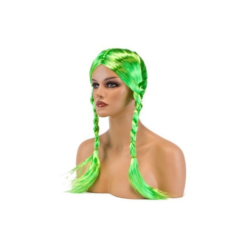 perruque cheveux longs avec couettes fluo vert