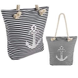 sac de plage marin rayé noir/blanc & ancre argent 40x39cm