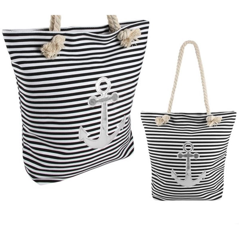 sac de plage marin rayé noir/blanc & ancre argent 40x39cm