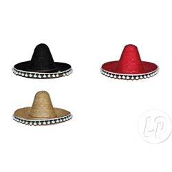 sombrero en paille rouge & pompons blancs 50cm