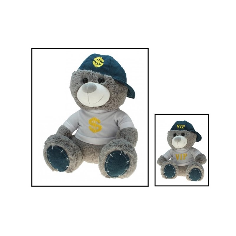 peluche ours motifs brodés sur t-shirt et casquette 18cm