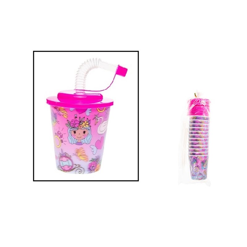 lot de 12 gobelets princesse 3d avec paille et couvercle 25cl