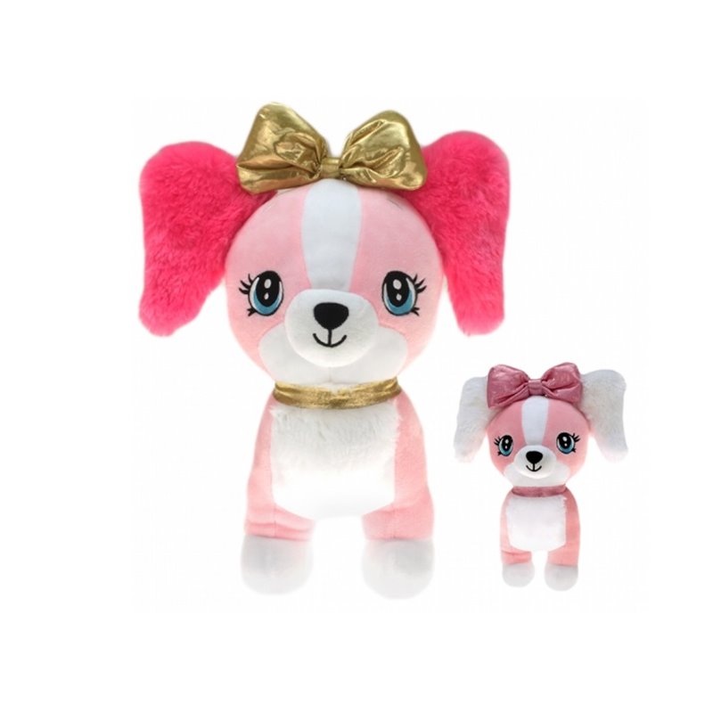 peluche chien debout "girly" avec noeud et collier mix 25cm