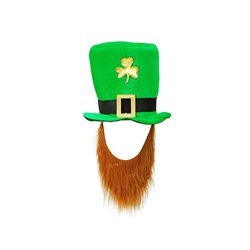 chapeau saint patrick vert avec barbe et motif trèfle