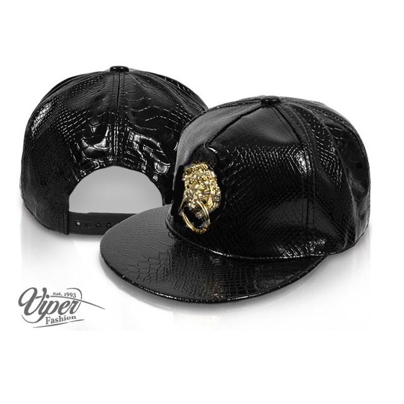 casquette snapback tête de lion imitation cuir noir