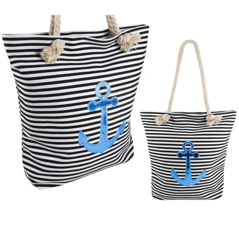 sac de plage marin rayé noir/blanc & ancre bleu 40x39cm