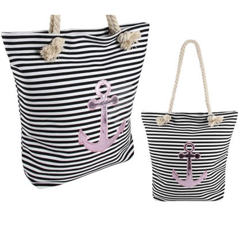 sac de plage marin rayé noir/blanc & ancre rose 40x39cm