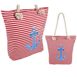 sac de plage marin rayé rouge/blanc & ancre bleu 40x39cm