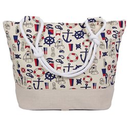 sac de plage beige avec motifs marins 50x35cm