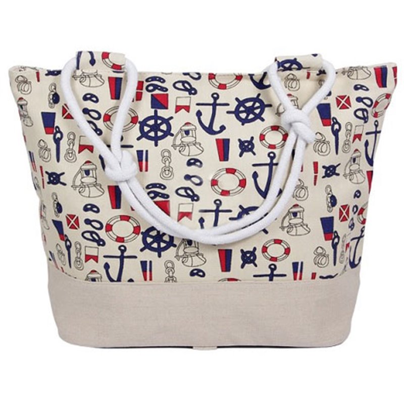 sac de plage beige avec motifs marins 50x35cm