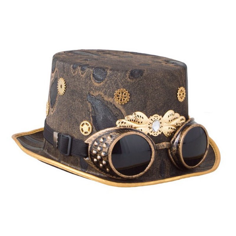 chapeau haut de forme steampunk marron avec lunettes